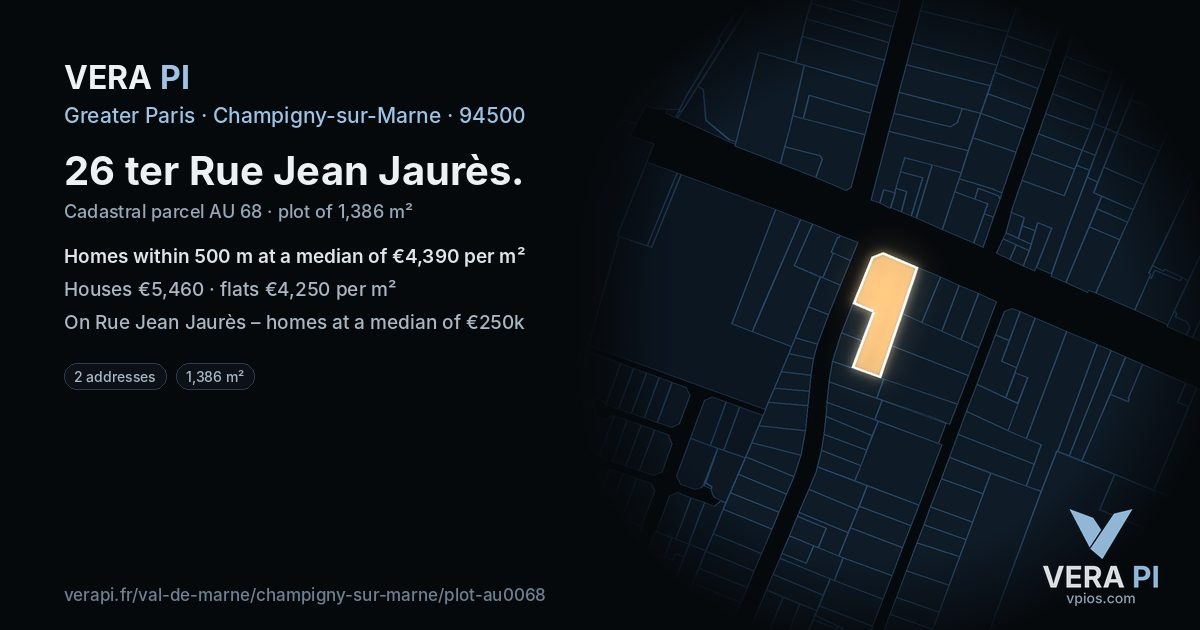 26 ter Rue Jean Jaurès, Champigny-sur-Marne at night – the plot lit, the parcels around coloured by the prices near them