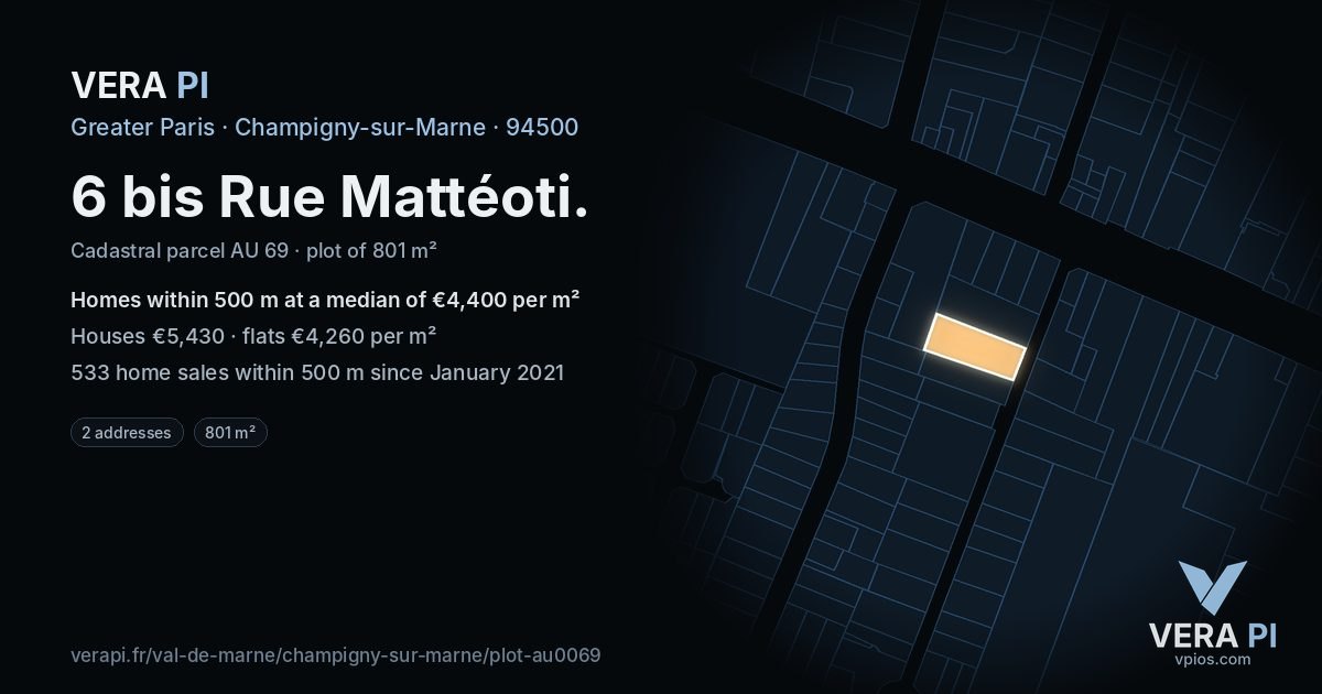 6 bis Rue Mattéoti, Champigny-sur-Marne at night – the plot lit, the parcels around coloured by the prices near them