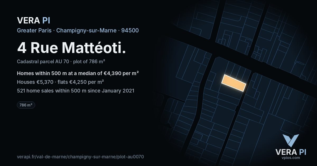 4 Rue Mattéoti, Champigny-sur-Marne at night – the plot lit, the parcels around coloured by the prices near them