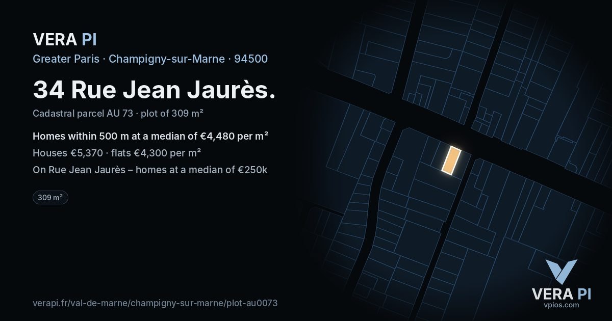 34 Rue Jean Jaurès, Champigny-sur-Marne at night – the plot lit, the parcels around coloured by the prices near them