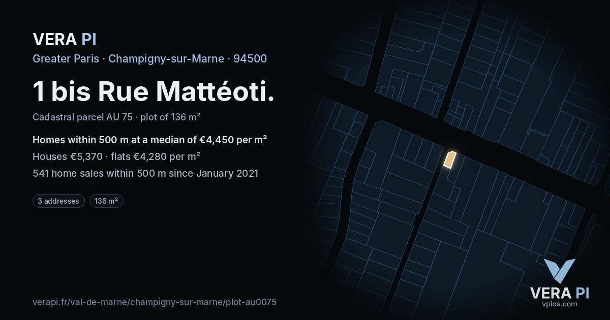 1 bis Rue Mattéoti, Champigny-sur-Marne at night – the plot lit, the parcels around coloured by the prices near them