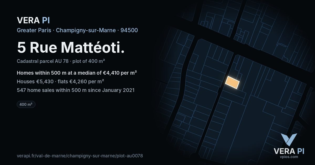 5 Rue Mattéoti, Champigny-sur-Marne at night – the plot lit, the parcels around coloured by the prices near them