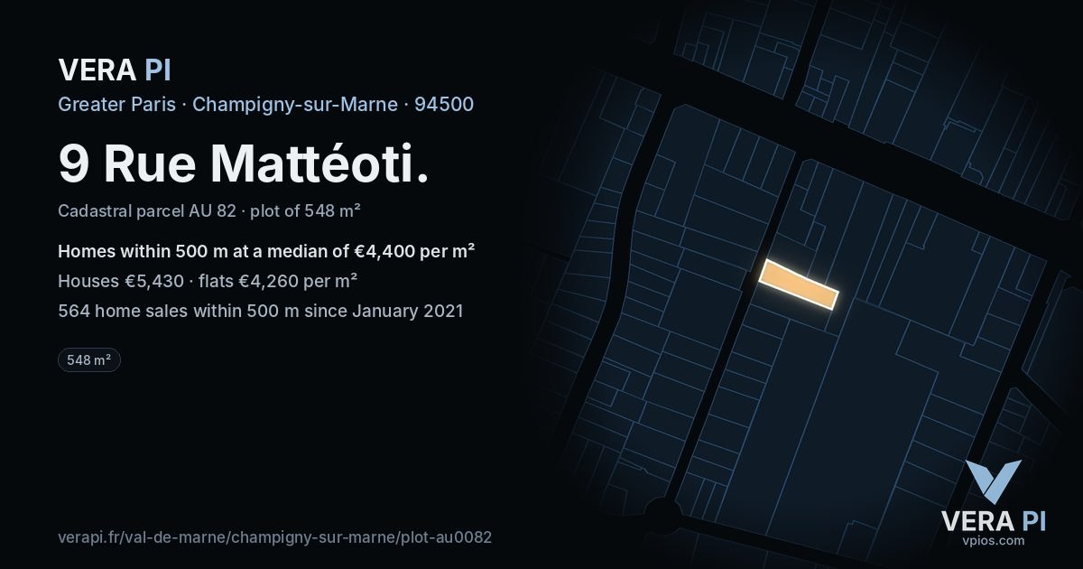 9 Rue Mattéoti, Champigny-sur-Marne at night – the plot lit, the parcels around coloured by the prices near them