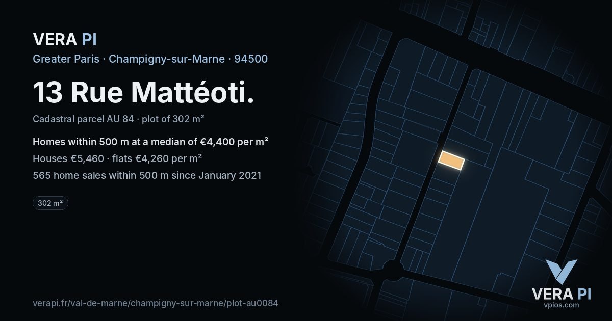 13 Rue Mattéoti, Champigny-sur-Marne at night – the plot lit, the parcels around coloured by the prices near them