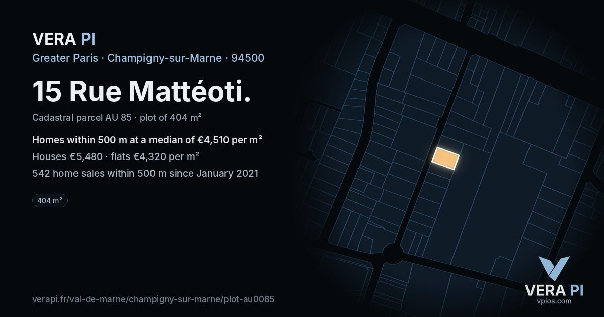 15 Rue Mattéoti, Champigny-sur-Marne at night – the plot lit, the parcels around coloured by the prices near them