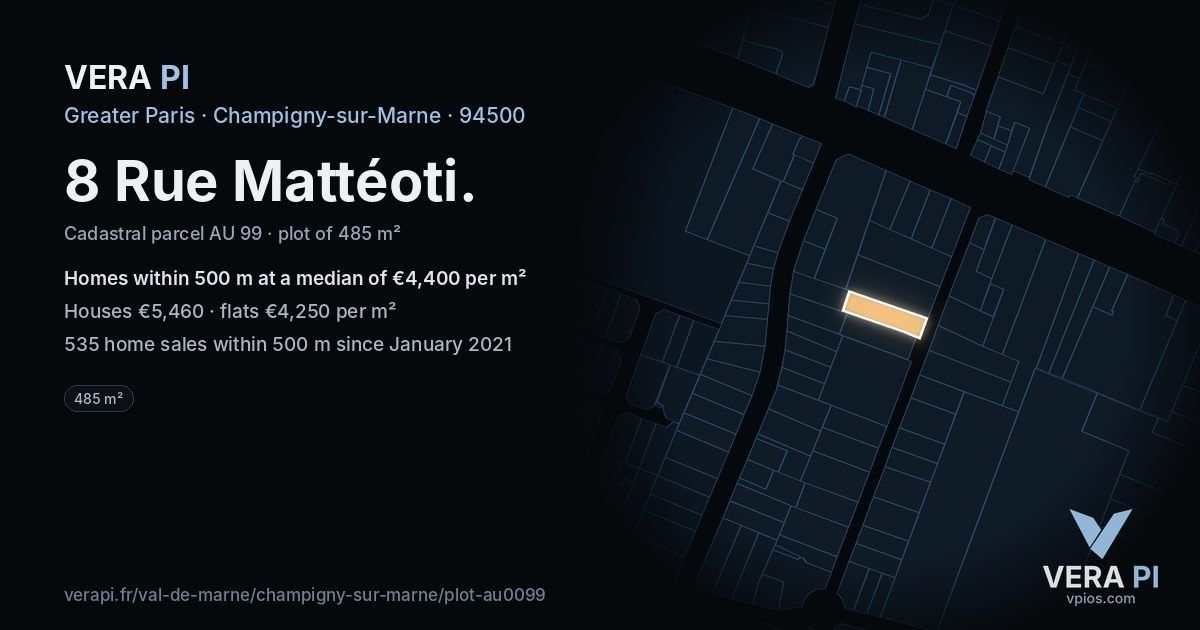 8 Rue Mattéoti, Champigny-sur-Marne at night – the plot lit, the parcels around coloured by the prices near them