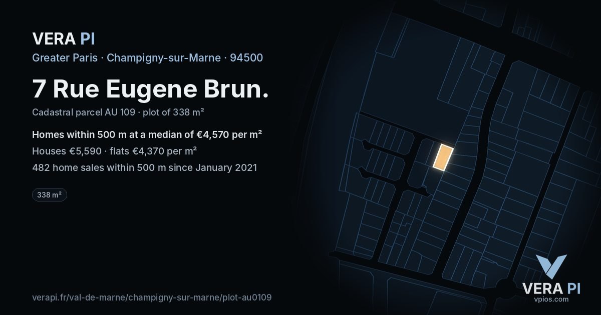 7 Rue Eugene Brun, Champigny-sur-Marne at night – the plot lit, the parcels around coloured by the prices near them
