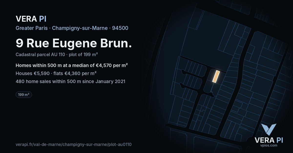 9 Rue Eugene Brun, Champigny-sur-Marne at night – the plot lit, the parcels around coloured by the prices near them