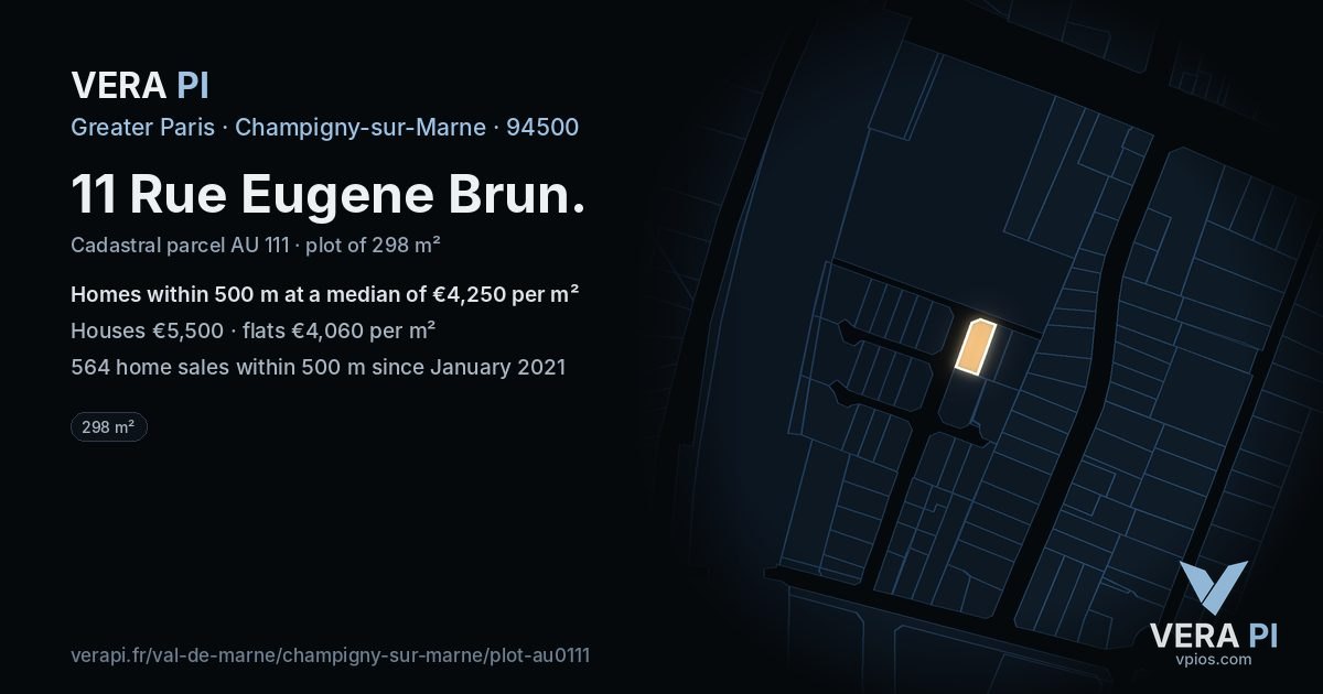 11 Rue Eugene Brun, Champigny-sur-Marne at night – the plot lit, the parcels around coloured by the prices near them