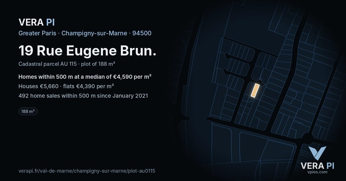 19 Rue Eugene Brun, Champigny-sur-Marne at night – the plot lit, the parcels around coloured by the prices near them