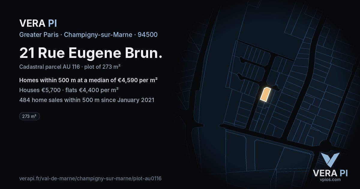 21 Rue Eugene Brun, Champigny-sur-Marne at night – the plot lit, the parcels around coloured by the prices near them