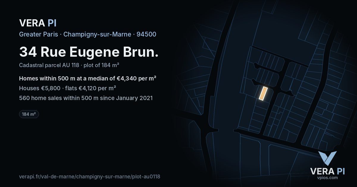34 Rue Eugene Brun, Champigny-sur-Marne at night – the plot lit, the parcels around coloured by the prices near them