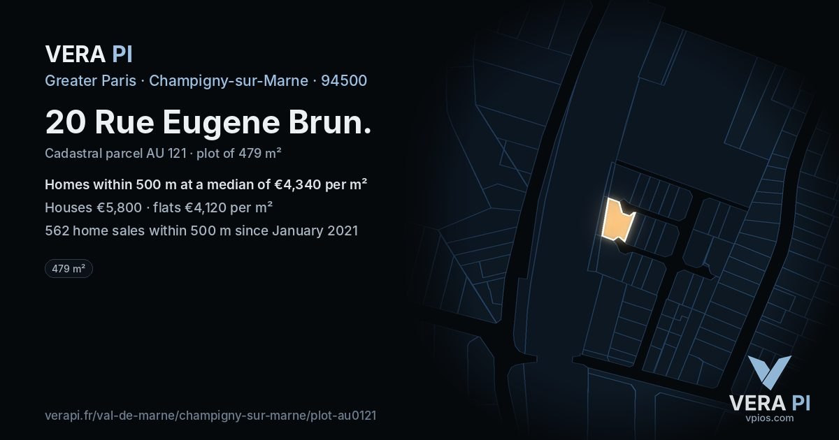 20 Rue Eugene Brun, Champigny-sur-Marne at night – the plot lit, the parcels around coloured by the prices near them