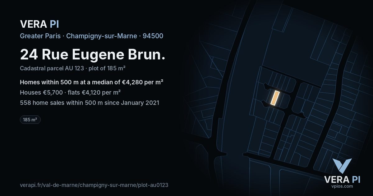 24 Rue Eugene Brun, Champigny-sur-Marne at night – the plot lit, the parcels around coloured by the prices near them