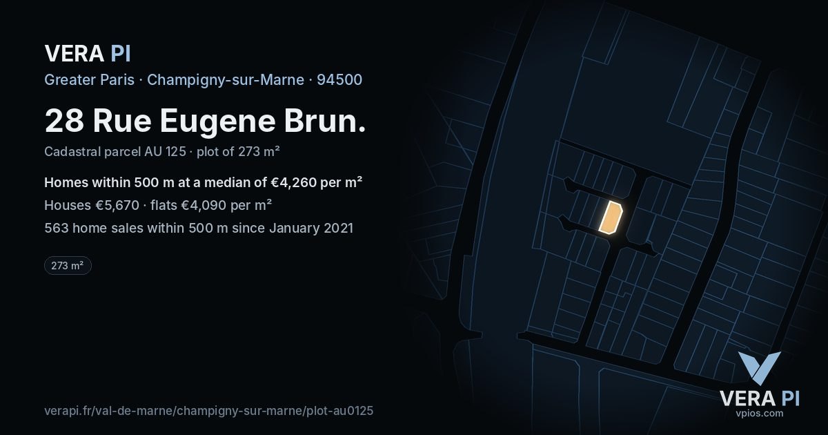 28 Rue Eugene Brun, Champigny-sur-Marne at night – the plot lit, the parcels around coloured by the prices near them