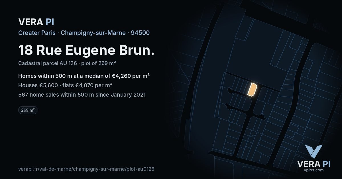 18 Rue Eugene Brun, Champigny-sur-Marne at night – the plot lit, the parcels around coloured by the prices near them