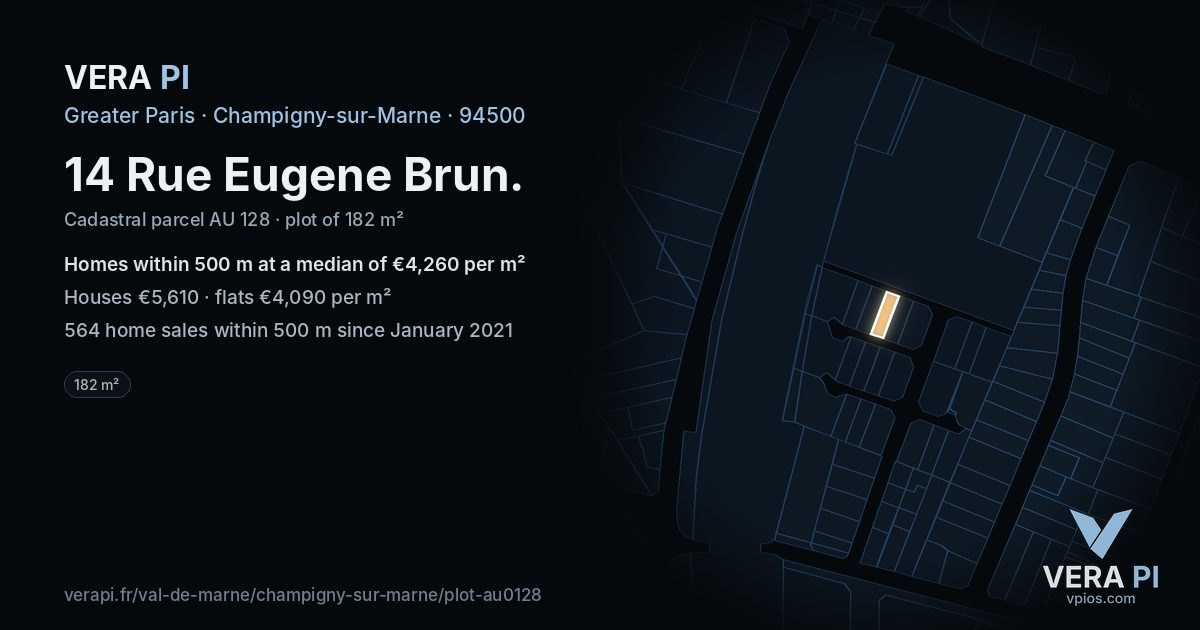 14 Rue Eugene Brun, Champigny-sur-Marne at night – the plot lit, the parcels around coloured by the prices near them