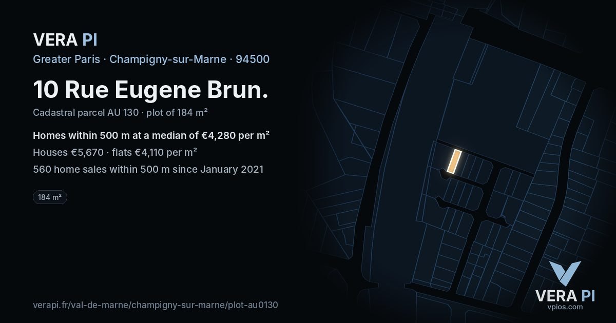 10 Rue Eugene Brun, Champigny-sur-Marne at night – the plot lit, the parcels around coloured by the prices near them