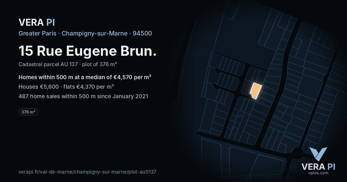 15 Rue Eugene Brun, Champigny-sur-Marne at night – the plot lit, the parcels around coloured by the prices near them