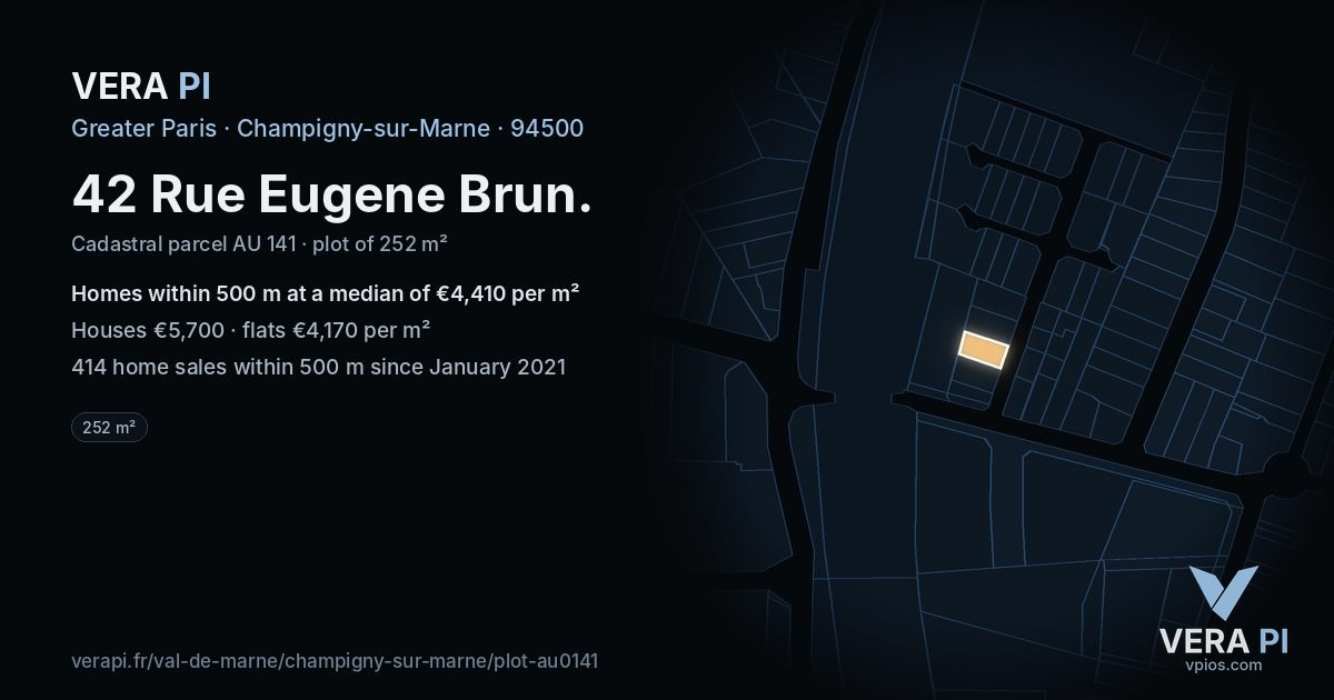 42 Rue Eugene Brun, Champigny-sur-Marne at night – the plot lit, the parcels around coloured by the prices near them