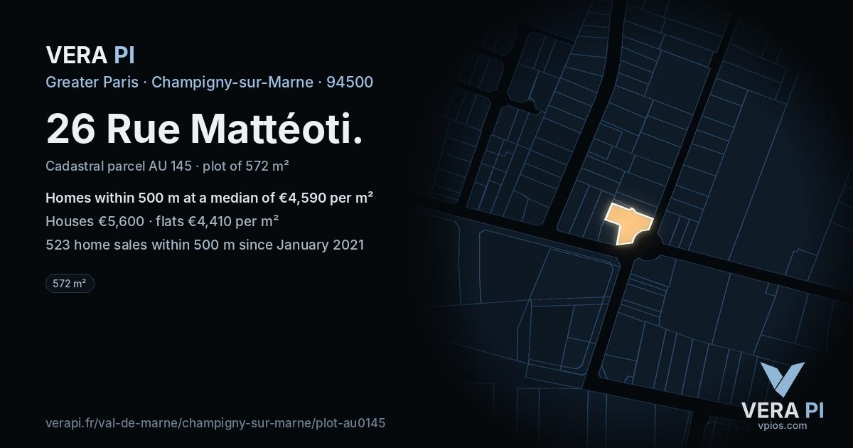 26 Rue Mattéoti, Champigny-sur-Marne at night – the plot lit, the parcels around coloured by the prices near them