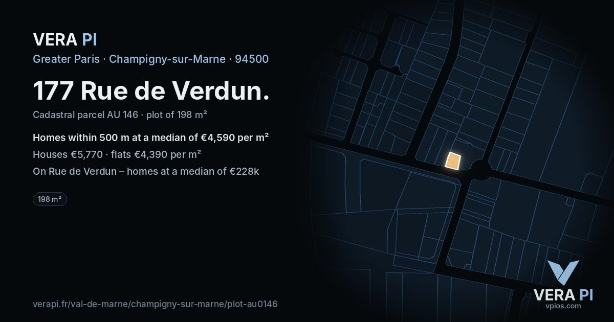 177 Rue de Verdun, Champigny-sur-Marne at night – the plot lit, the parcels around coloured by the prices near them