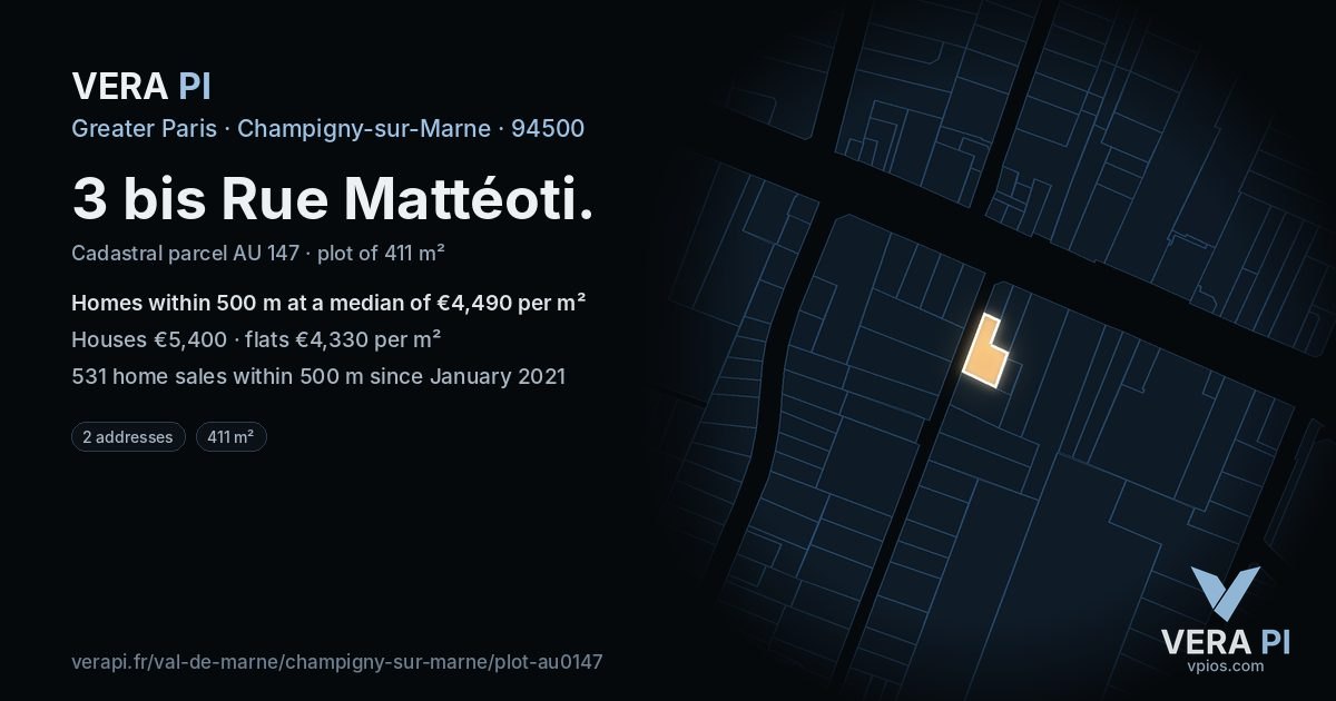3 bis Rue Mattéoti, Champigny-sur-Marne at night – the plot lit, the parcels around coloured by the prices near them