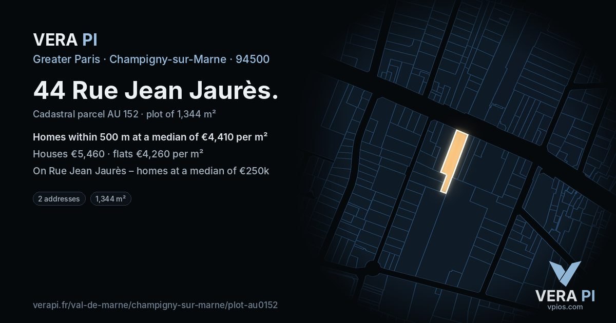 44 Rue Jean Jaurès, Champigny-sur-Marne at night – the plot lit, the parcels around coloured by the prices near them