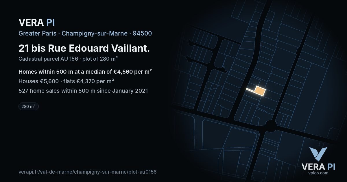 21 bis Rue Edouard Vaillant, Champigny-sur-Marne at night – the plot lit, the parcels around coloured by the prices near them