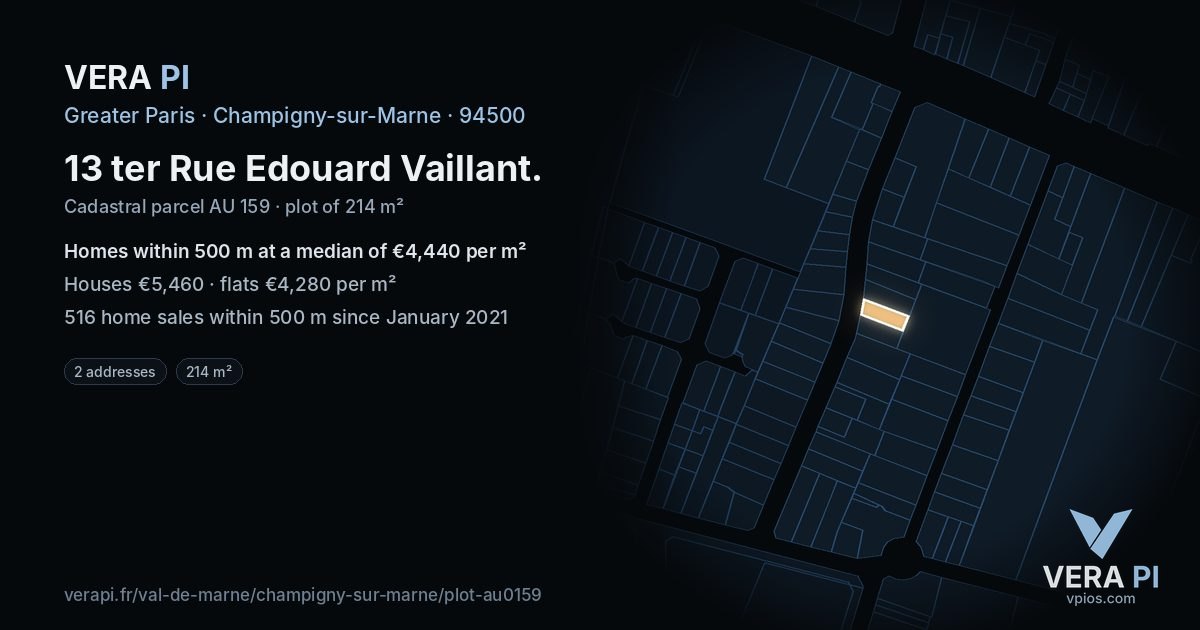 13 ter Rue Edouard Vaillant, Champigny-sur-Marne at night – the plot lit, the parcels around coloured by the prices near them