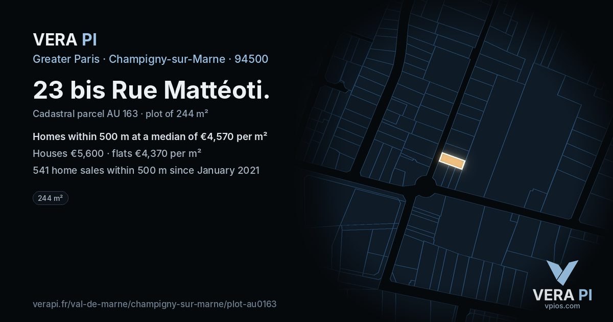 23 bis Rue Mattéoti, Champigny-sur-Marne at night – the plot lit, the parcels around coloured by the prices near them