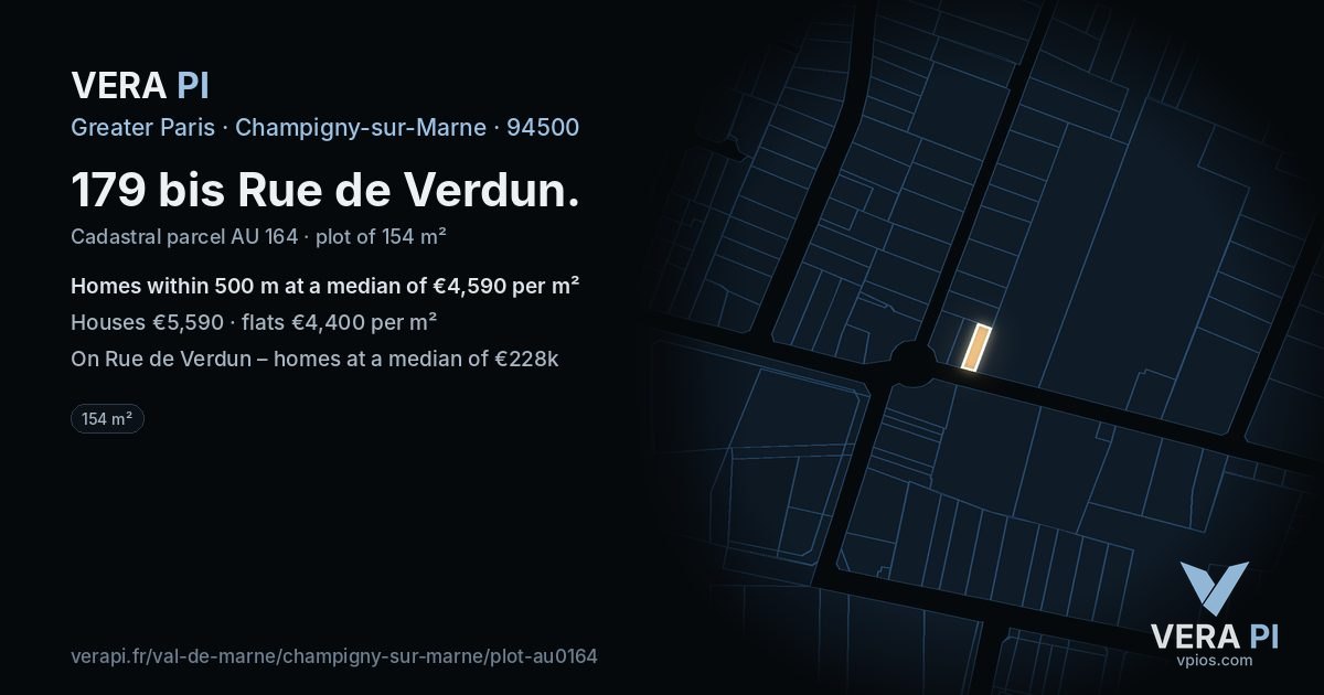 179 bis Rue de Verdun, Champigny-sur-Marne at night – the plot lit, the parcels around coloured by the prices near them