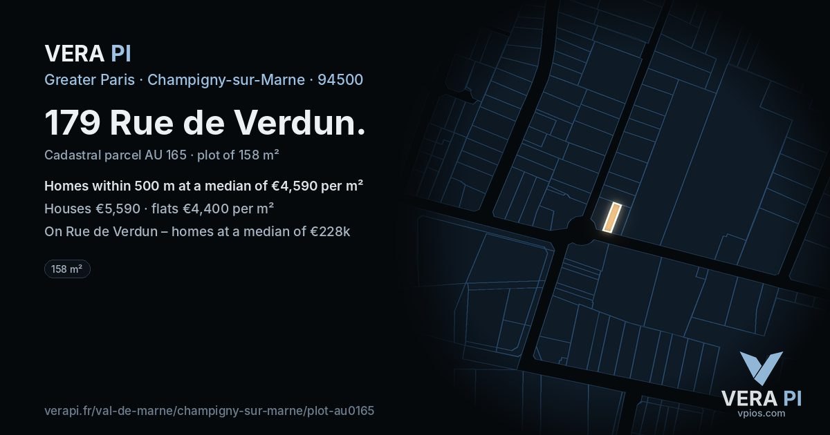 179 Rue de Verdun, Champigny-sur-Marne at night – the plot lit, the parcels around coloured by the prices near them