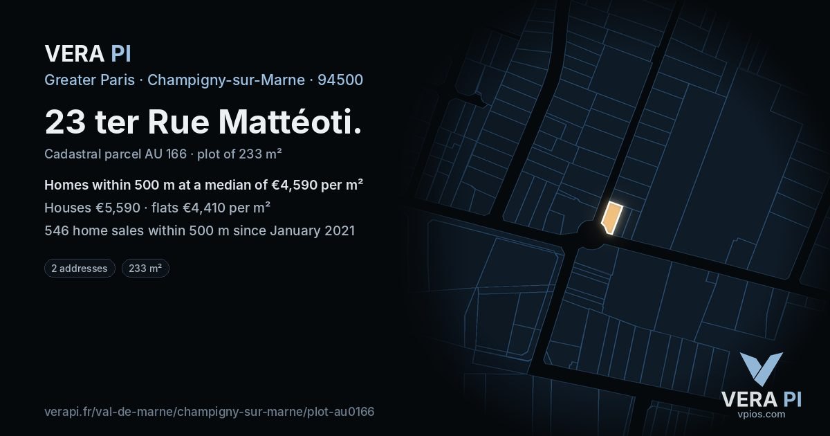 23 ter Rue Mattéoti, Champigny-sur-Marne at night – the plot lit, the parcels around coloured by the prices near them