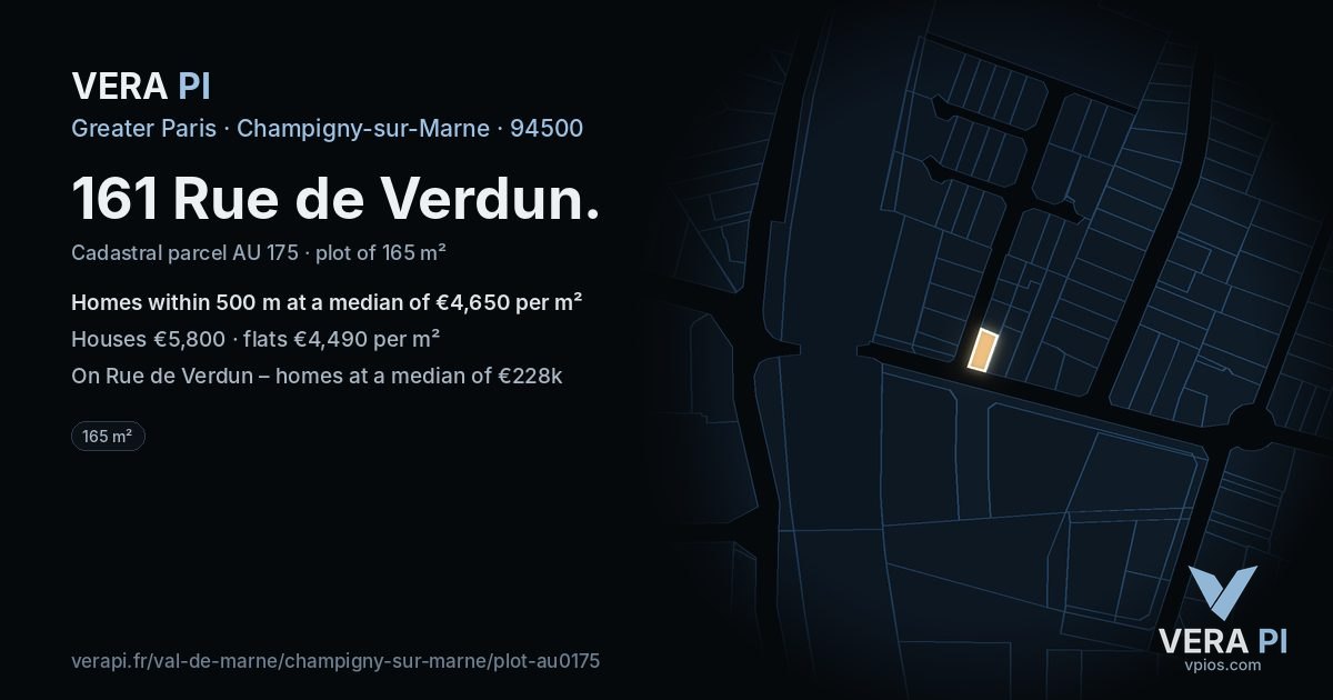 161 Rue de Verdun, Champigny-sur-Marne at night – the plot lit, the parcels around coloured by the prices near them