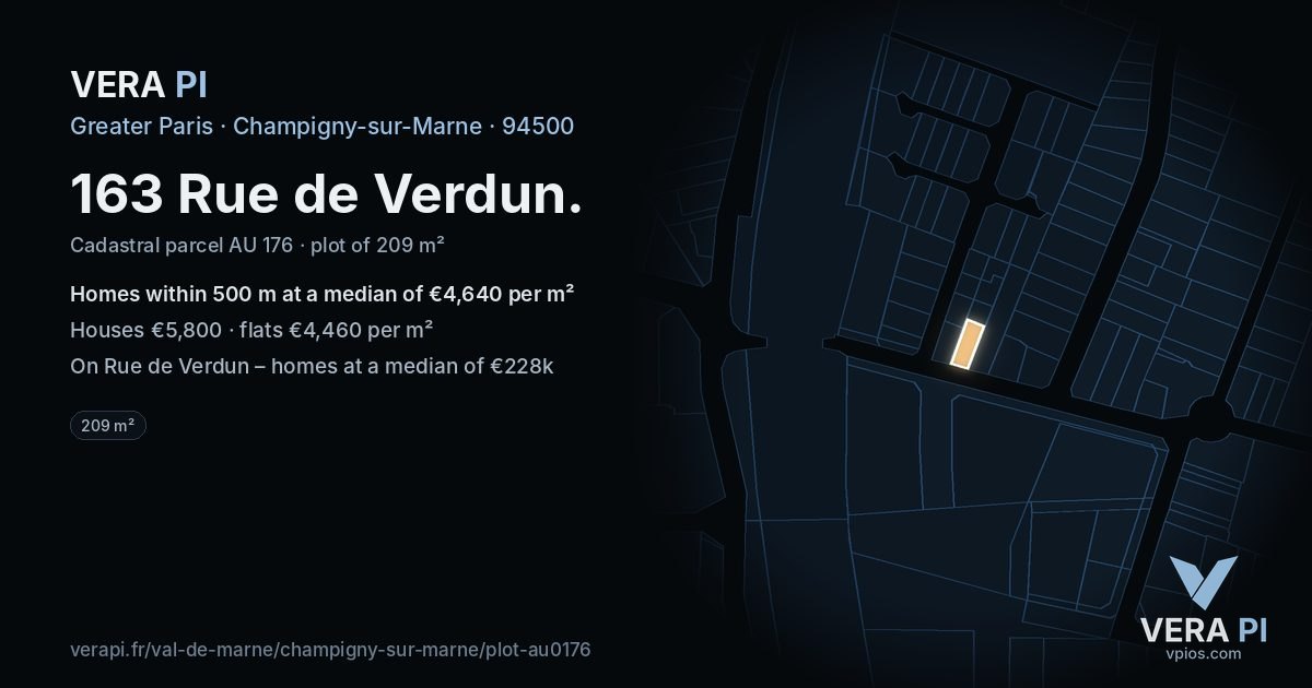 163 Rue de Verdun, Champigny-sur-Marne at night – the plot lit, the parcels around coloured by the prices near them