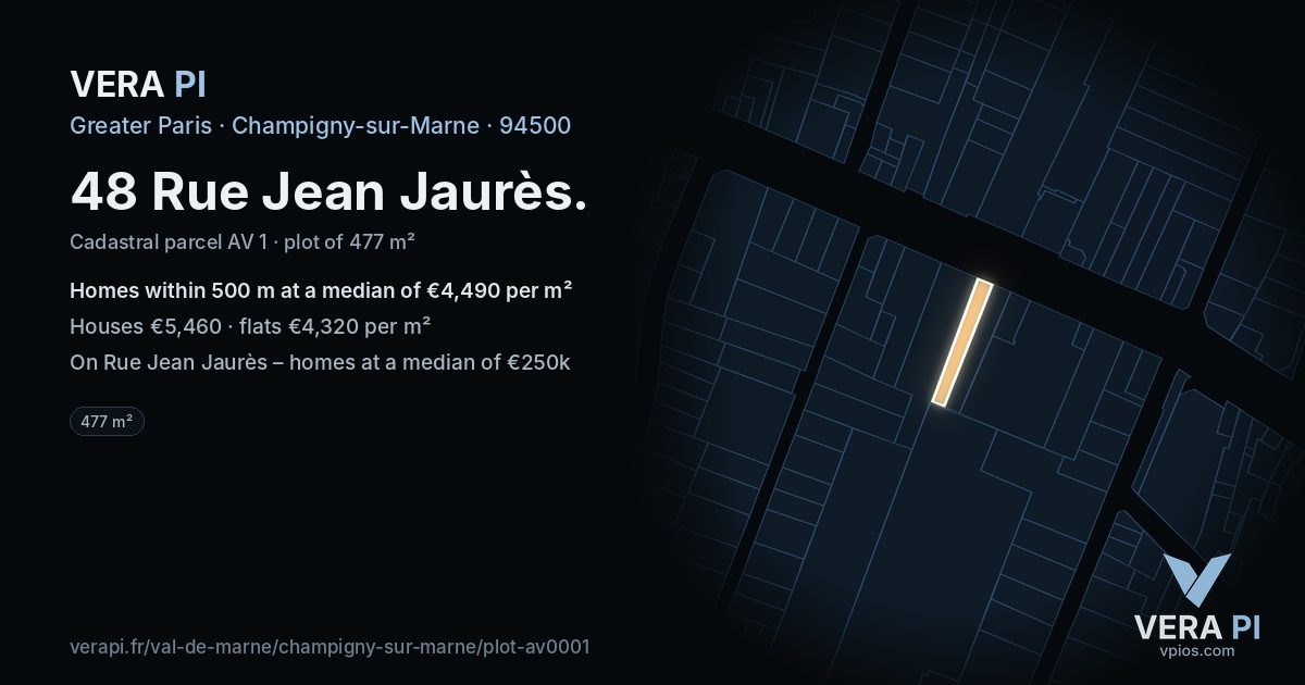48 Rue Jean Jaurès, Champigny-sur-Marne at night – the plot lit, the parcels around coloured by the prices near them