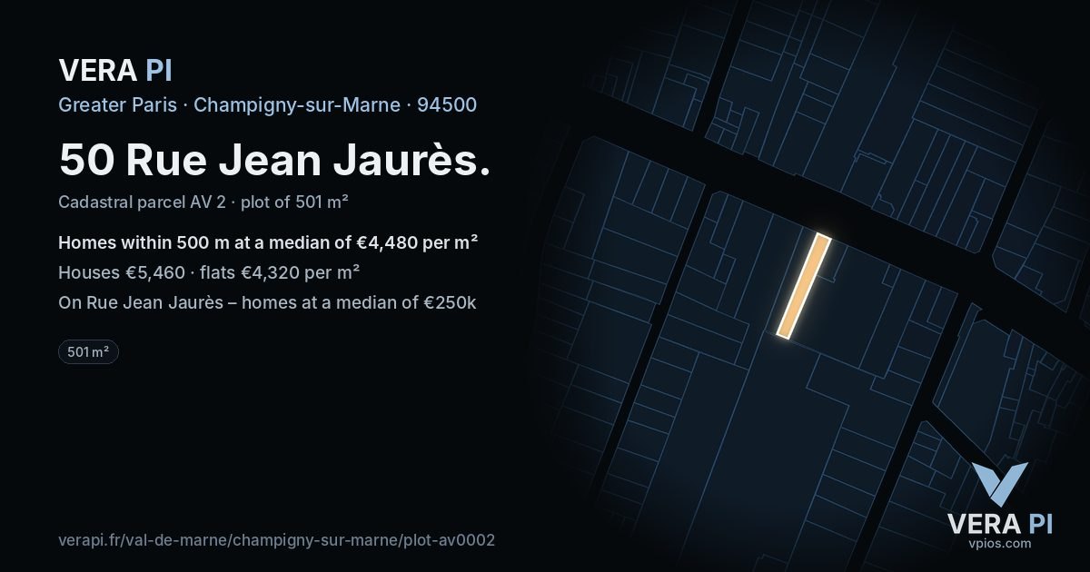 50 Rue Jean Jaurès, Champigny-sur-Marne at night – the plot lit, the parcels around coloured by the prices near them