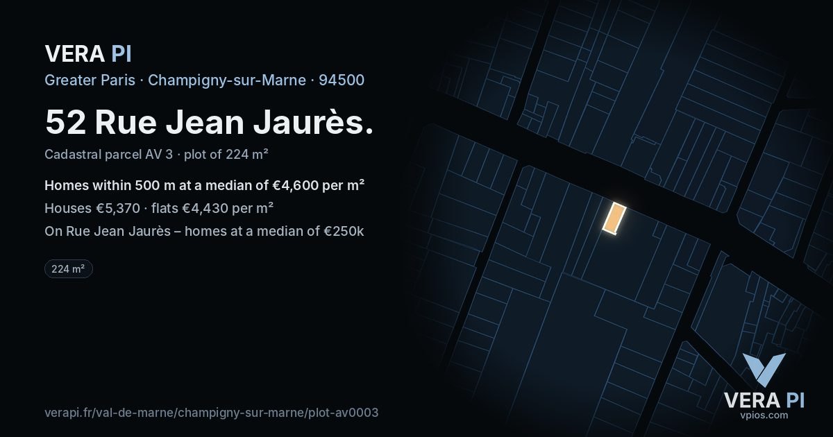 52 Rue Jean Jaurès, Champigny-sur-Marne at night – the plot lit, the parcels around coloured by the prices near them