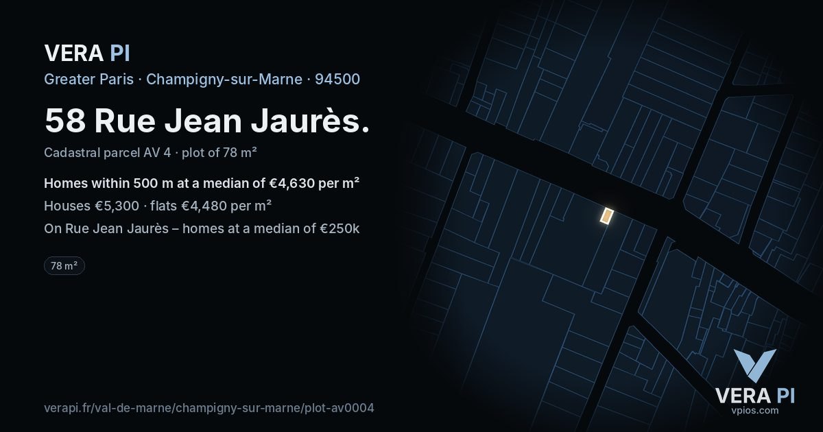 58 Rue Jean Jaurès, Champigny-sur-Marne at night – the plot lit, the parcels around coloured by the prices near them