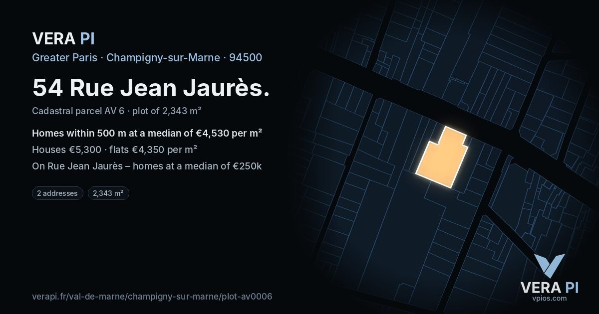54 Rue Jean Jaurès, Champigny-sur-Marne at night – the plot lit, the parcels around coloured by the prices near them