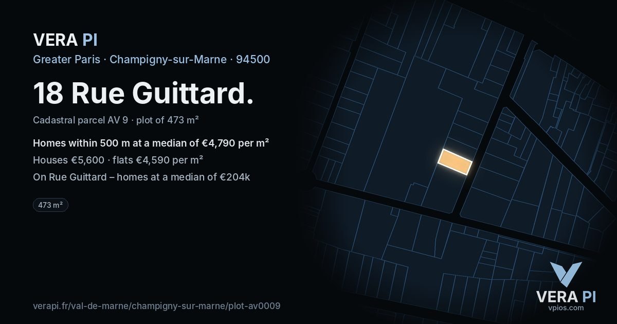 18 Rue Guittard, Champigny-sur-Marne at night – the plot lit, the parcels around coloured by the prices near them