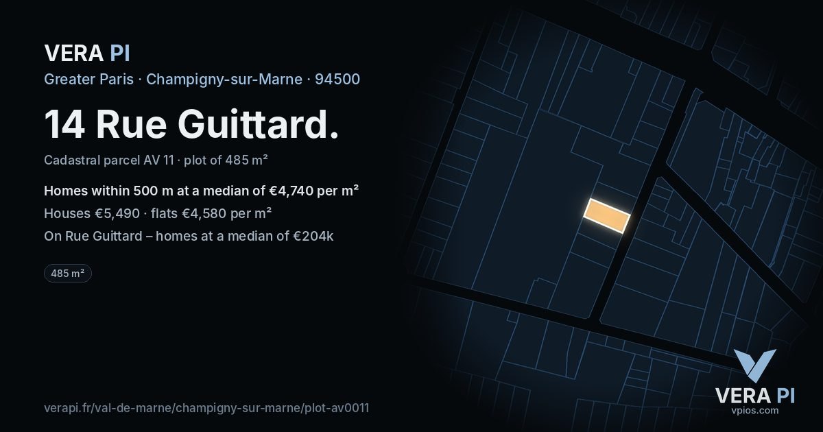 14 Rue Guittard, Champigny-sur-Marne at night – the plot lit, the parcels around coloured by the prices near them