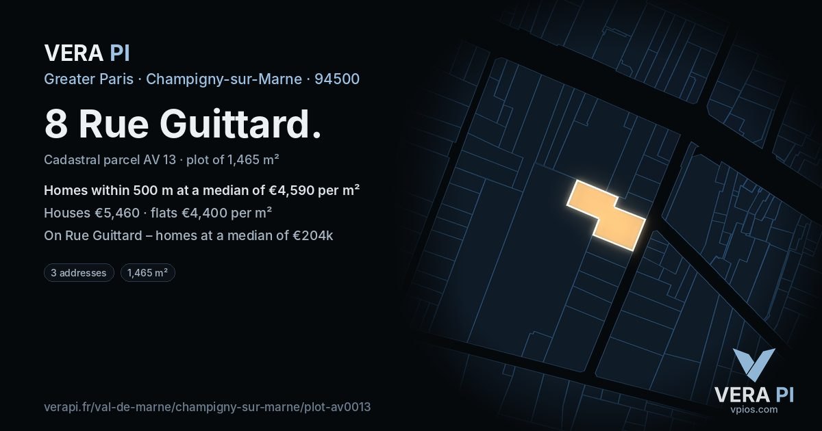 8 Rue Guittard, Champigny-sur-Marne at night – the plot lit, the parcels around coloured by the prices near them