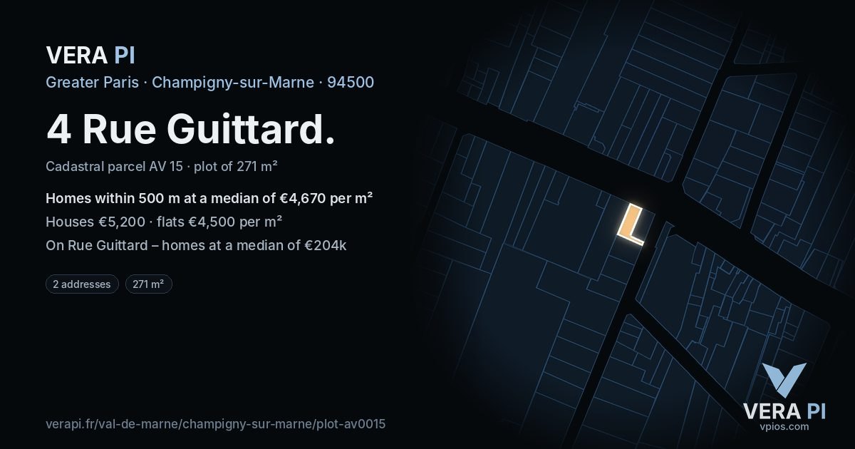 4 Rue Guittard, Champigny-sur-Marne at night – the plot lit, the parcels around coloured by the prices near them