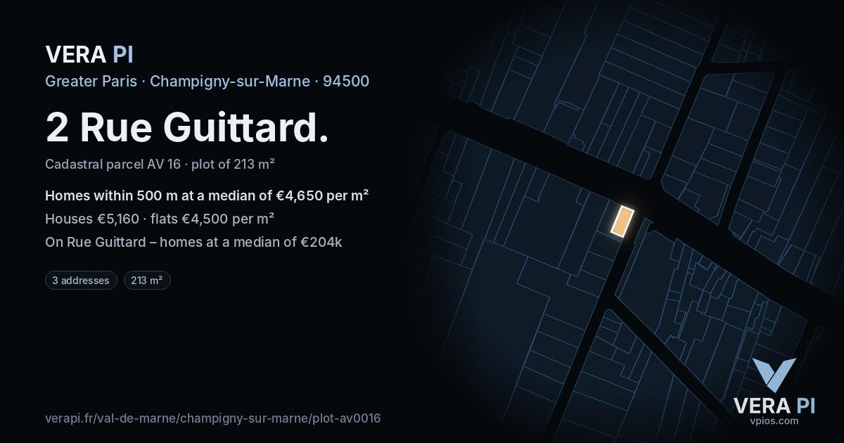2 Rue Guittard, Champigny-sur-Marne at night – the plot lit, the parcels around coloured by the prices near them