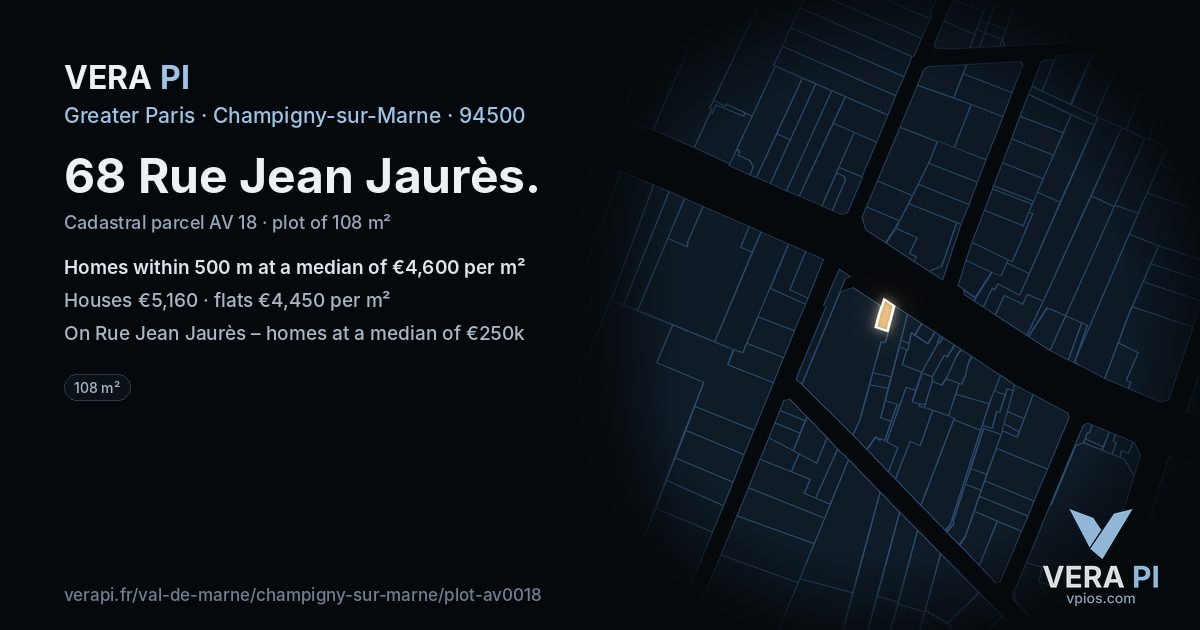 68 Rue Jean Jaurès, Champigny-sur-Marne at night – the plot lit, the parcels around coloured by the prices near them