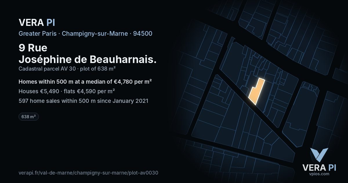 9 Rue Joséphine de Beauharnais, Champigny-sur-Marne at night – the plot lit, the parcels around coloured by the prices near them