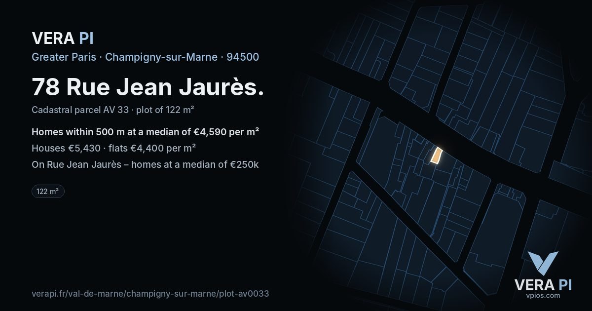 78 Rue Jean Jaurès, Champigny-sur-Marne at night – the plot lit, the parcels around coloured by the prices near them
