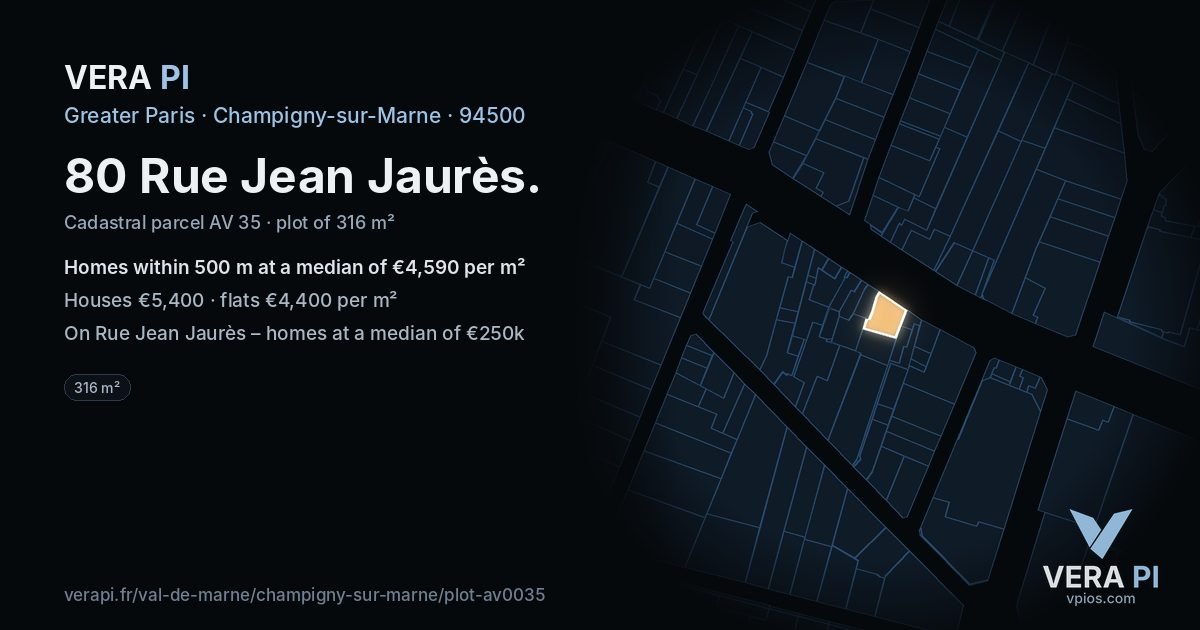 80 Rue Jean Jaurès, Champigny-sur-Marne at night – the plot lit, the parcels around coloured by the prices near them